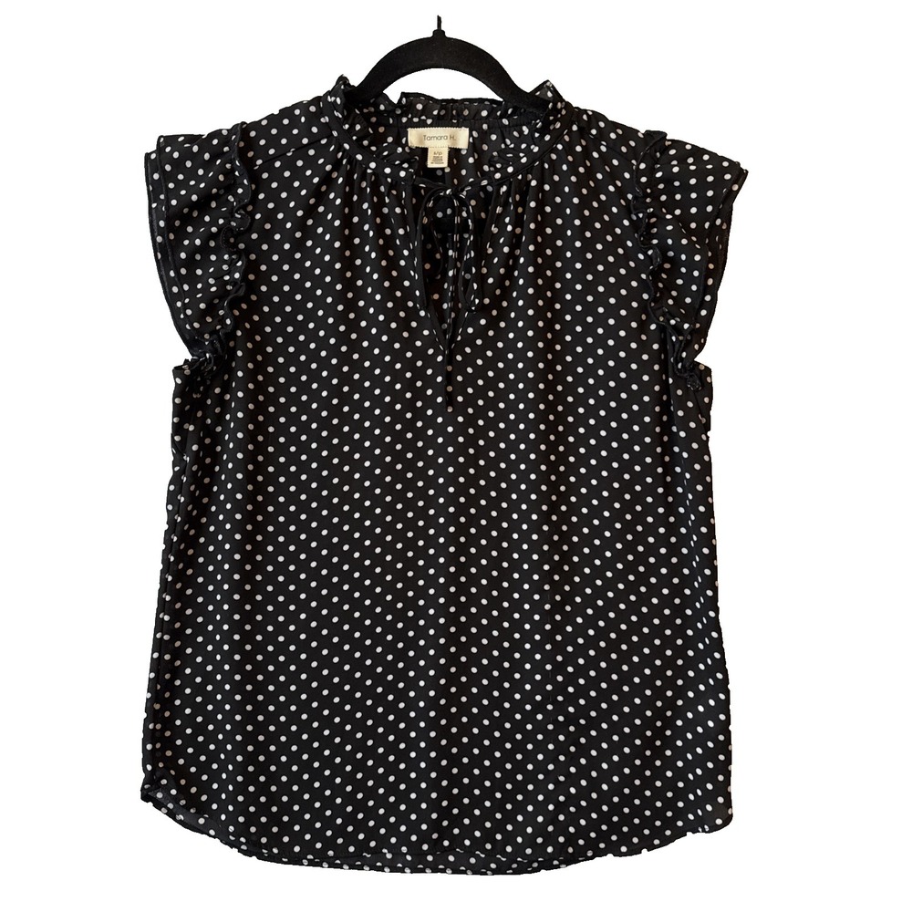 Tamara H Black White Polka Dot Cap Flutter Sleeve Tie V Neck Top S Romantic Chic